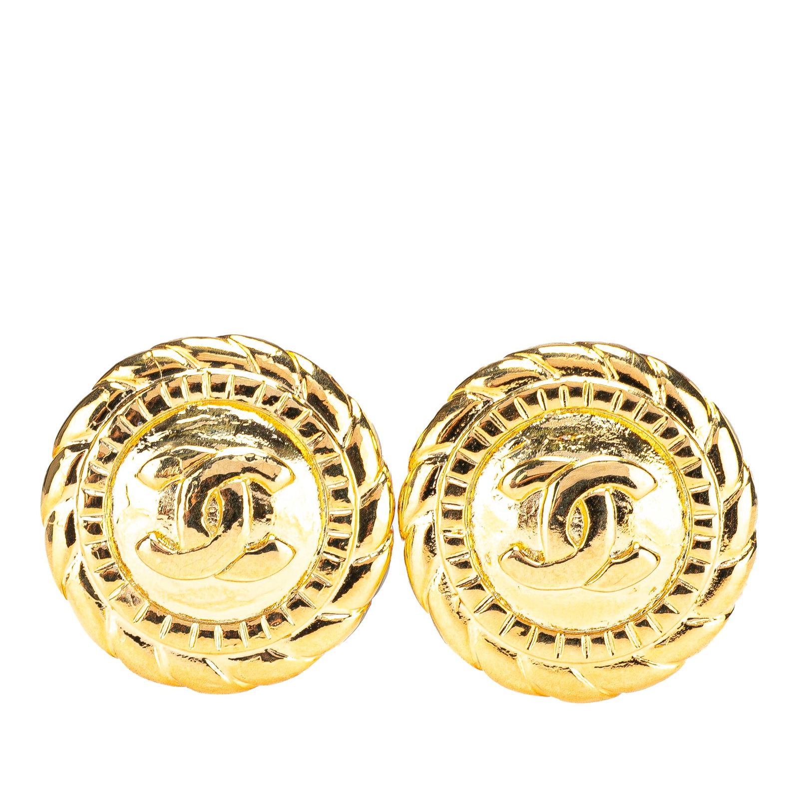 Chanel CC button clip on earrings gold plated: Chanel CC button clip on earrings gold plated These Chanel earrings feature the iconic CC button design with a gold-plated metal finish and a convenient clip-on closure. Crafted in France, they are a 