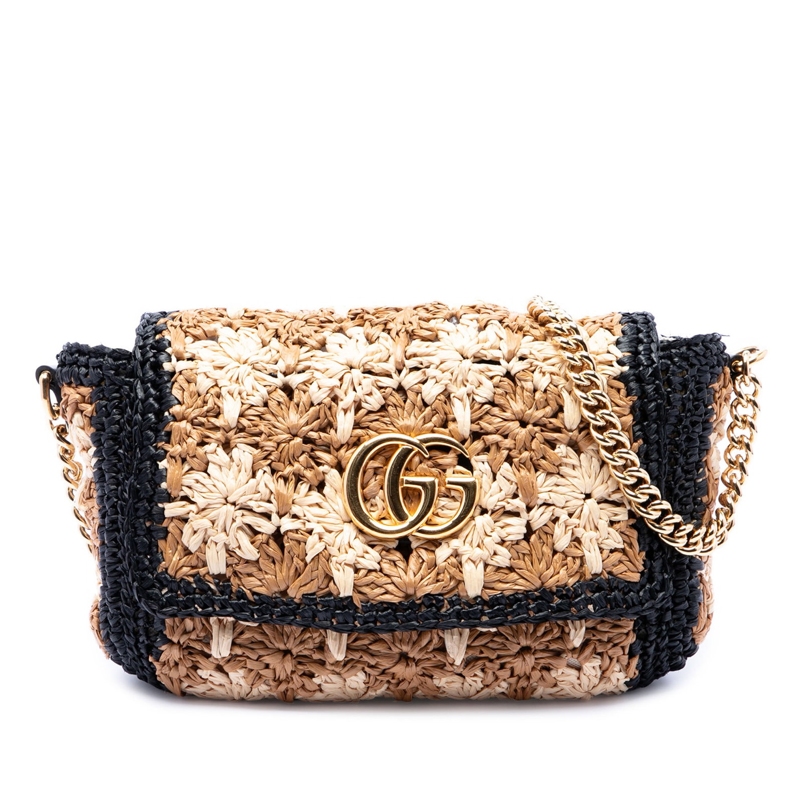 Gucci GG Marmont Small Raffia Crossbody Bag Beige: Gucci GG Marmont Small Raffia Crossbody Bag Beige Gucci Small GG Marmont Raffia Crossbody bag crafted with a woven raffia body and a chain link and leather shoulder strap. The design features a front 