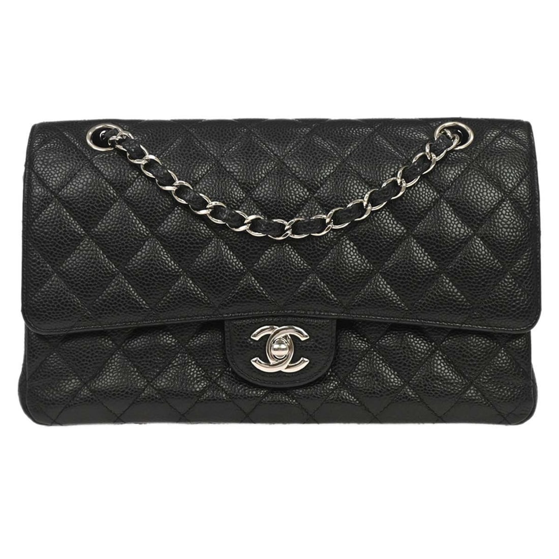 CHANEL Classic Double Flap Medium Shoulder Bag Black Caviar Leather: CHANEL Classic Double Flap Medium Shoulder Bag Black Caviar Leather Chanel Classic Double Flap Medium shoulder bag in black caviar skin leather with a matelasse pattern and leather lining. It features