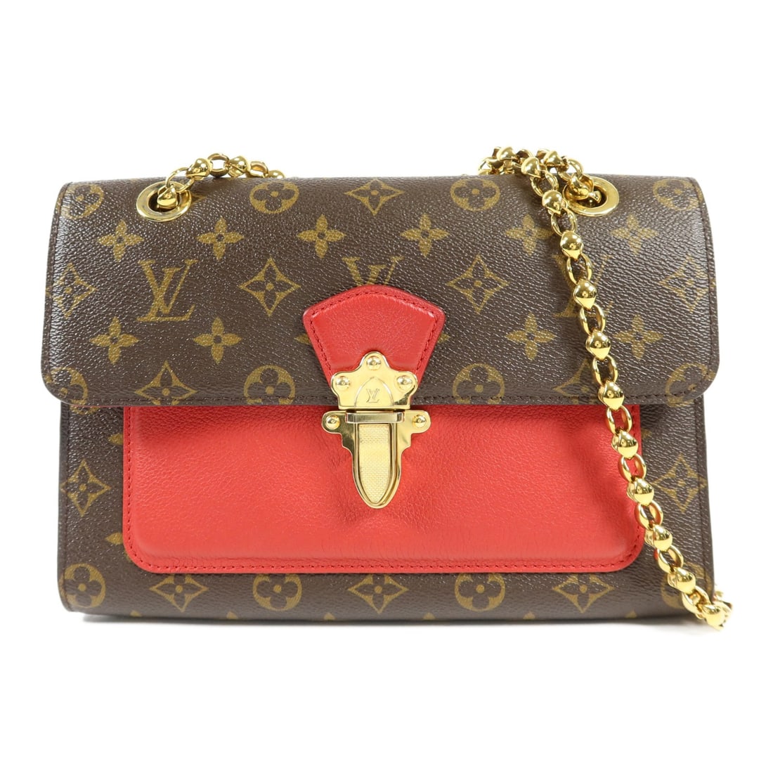 Louis Vuitton Victoire Chain Shoulder Bag M41731 Monogram Brown Red: Louis Vuitton Victoire Chain Shoulder Bag M41731 Monogram Brown Red Louis Vuitton Victoire Chain Shoulder Bag, model M41731, in brown and red Monogram with PVC coated canvas. This women's shoulder bag