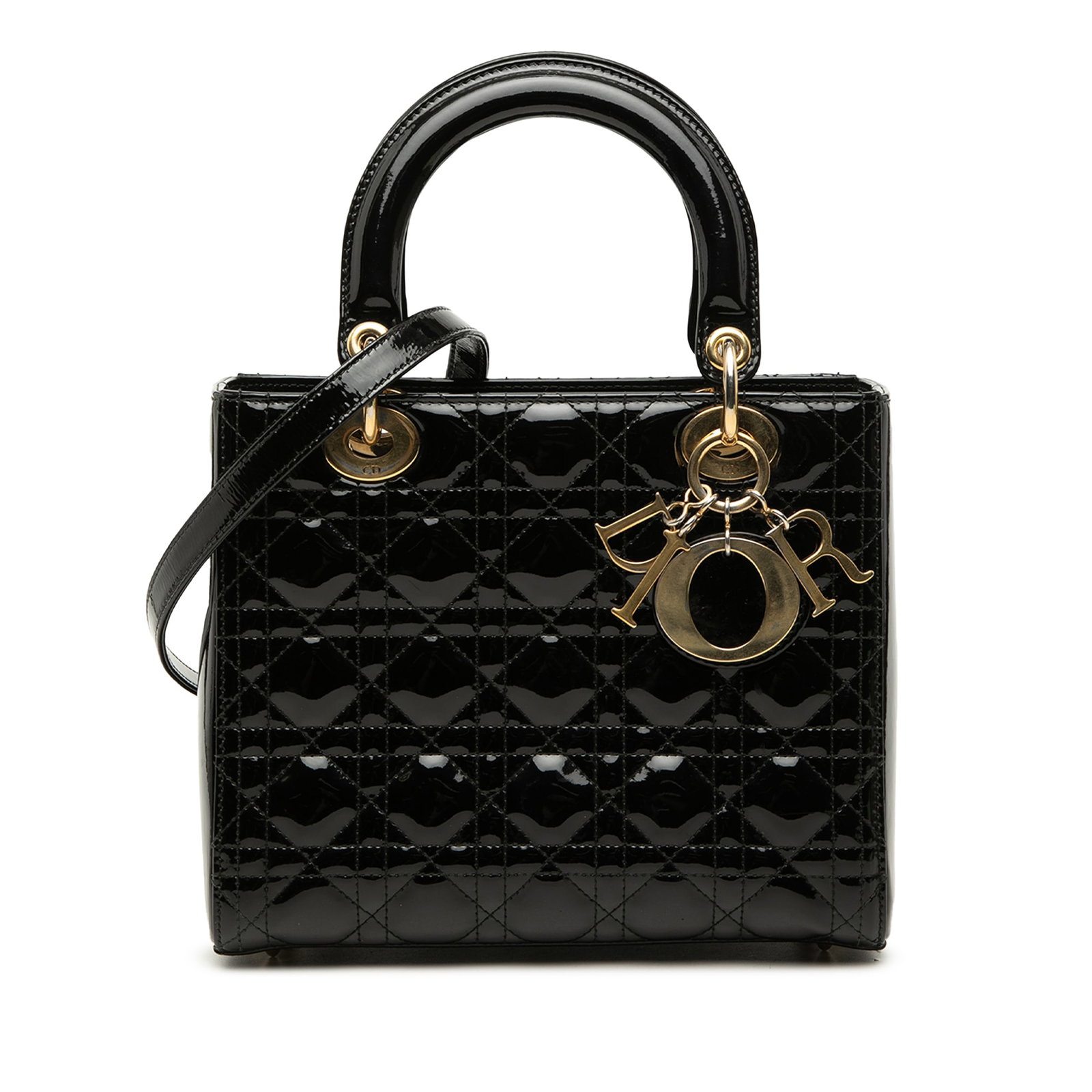 Dior Lady Dior Medium Cannage Patent Leather Handbag Black (1 of 6)