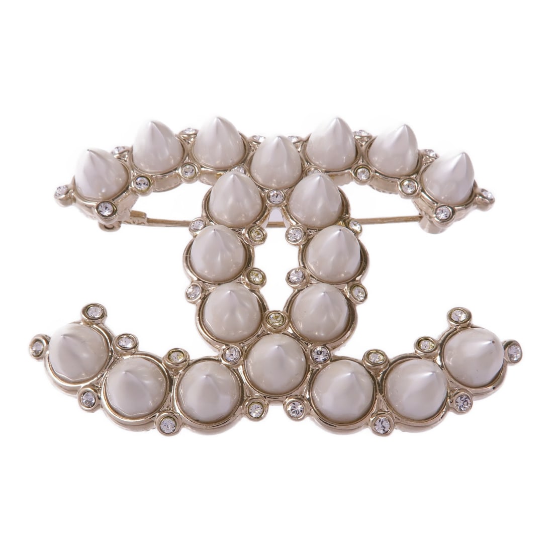 CHANEL CC Brooch White PVC Metal Gold Tone with Box: CHANEL CC Brooch White PVC Metal Gold Tone with Box CHANEL CC brooch in white PVC and metal with a white, silver, and pearl-tone color palette. Made in France, this women's brooch includes a storage b