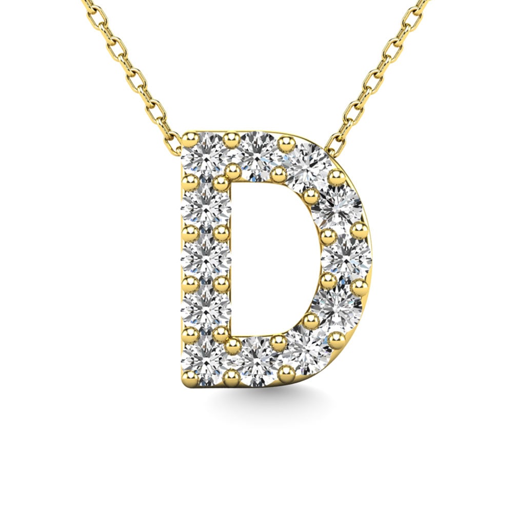 Diamond 1/8 Ct.Tw. Letter D Pendant in 14K Yellow Gold: Diamond 1/8 Ct.Tw. Letter D Pendant in 14K Yellow Gold 14k Yellow Gold Stone Color: G-h Stone Clarity: I1 Unless otherwise specified, pendants that include a chain are paired with our standard 18-inch