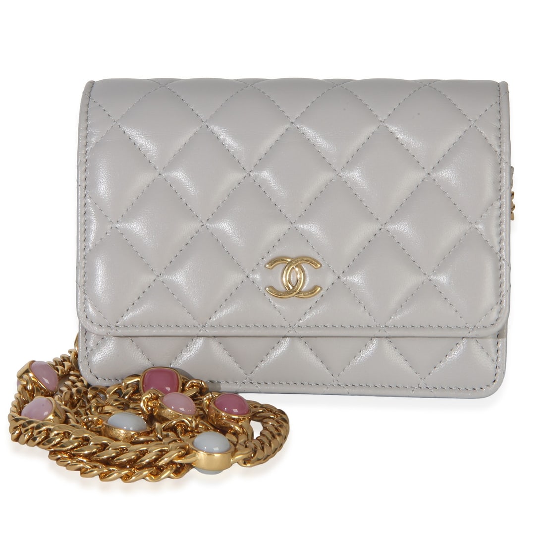 Chanel Mini Wallet On Chain gray quilted lambskin crossbody: Chanel Mini Wallet On Chain gray quilted lambskin crossbody Pre-owned Chanel Mini Wallet On Chain in gray quilted lambskin with jeweled detailing. This compact bag features a magnetic snap closure, gr
