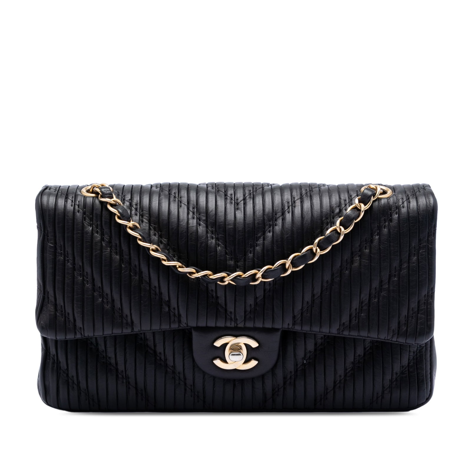 Chanel Chevron Pleated Double Flap Leather Shoulder Bag: Chanel Chevron Pleated Double Flap Leather Shoulder Bag This Chanel Medium Classic Chevron Calfskin Pleated Double Flap shoulder bag showcases a pleated leather body in black, complemented by leather-