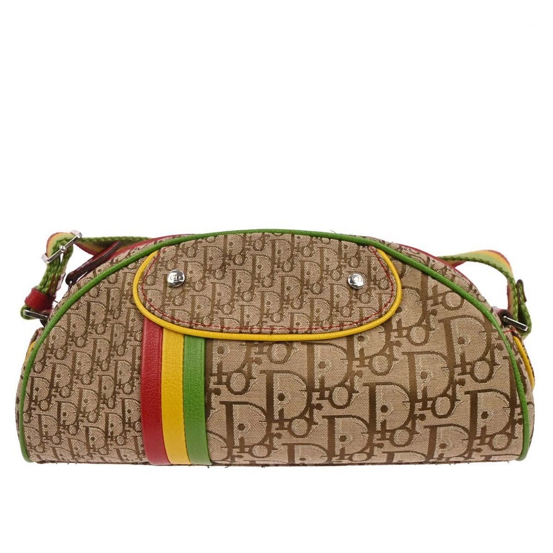 Christian Dior Saddle Shoulder Bag Rasta Trotter Canvas Leather: Christian Dior Saddle Shoulder Bag Rasta Trotter Canvas Leather Christian Dior Rasta-Color Trotter Saddle shoulder bag in beige, red, yellow, and green canvas with leather trim. This medium saddle bag