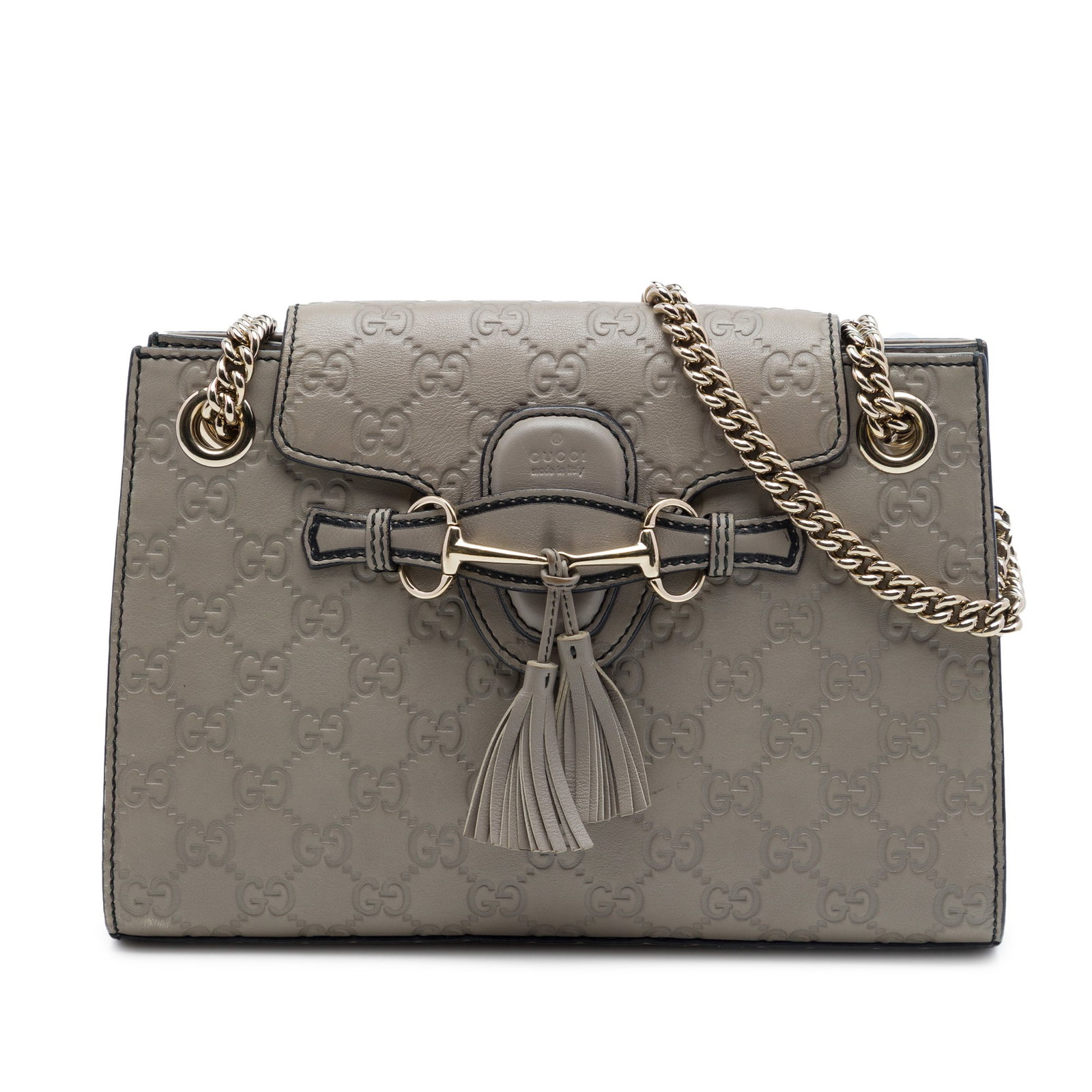 Gucci Emily Small Guccissima Leather Shoulder Bag Gray: Gucci Emily Small Guccissima Leather Shoulder Bag Gray Gucci Small Guccissima Emily shoulder bag in gray embossed leather. This bag features chain link straps with leather shoulder guards, a front fla