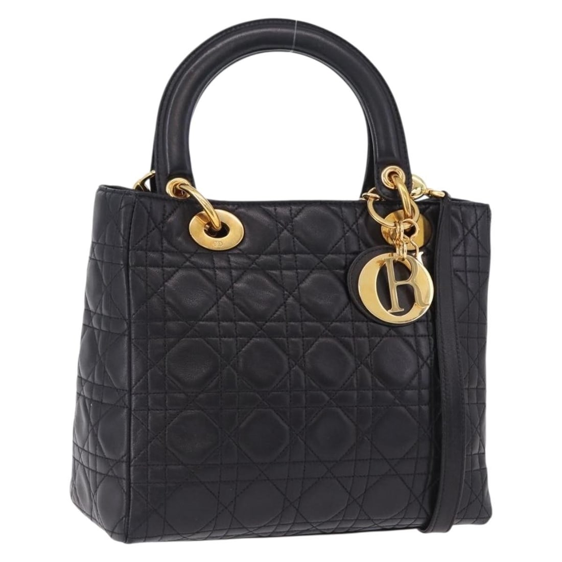 Christian Dior Lady Dior Cannage Leather 2way Handbag Black: Christian Dior Lady Dior Cannage Leather 2way Handbag Black This Christian Dior Lady Dior Canage handbag is crafted in leather and presented in black with gold-tone accents. It is a 2way style handbag