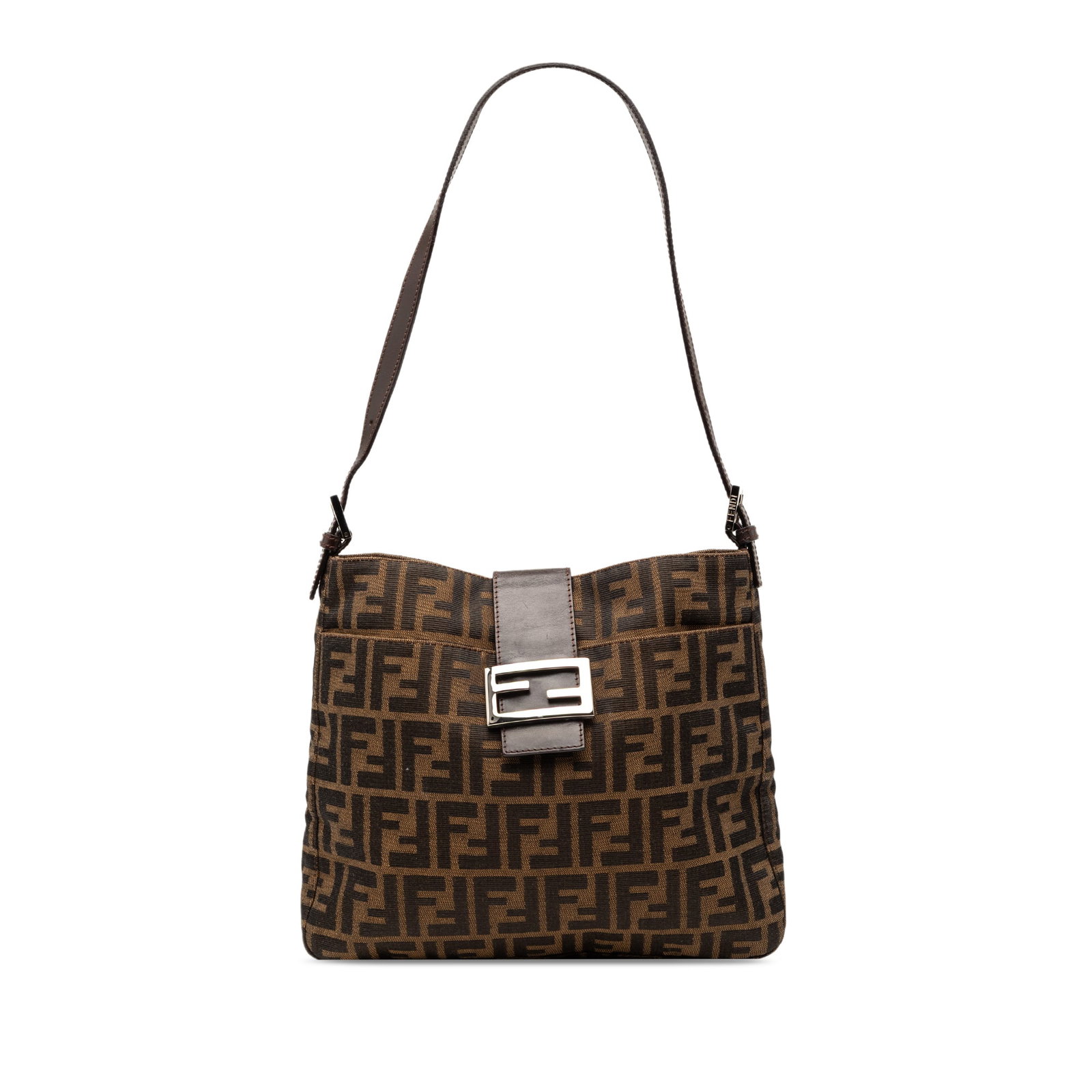 Fendi Zucca Pattern Brown Canvas Shoulder Bag with Leather Strap: Fendi Zucca Pattern Brown Canvas Shoulder Bag with Leather Strap This Fendi Zucca Canvas Shoulder Bag features a brown canvas body with a flat leather strap. It offers an open top with a flat strap an