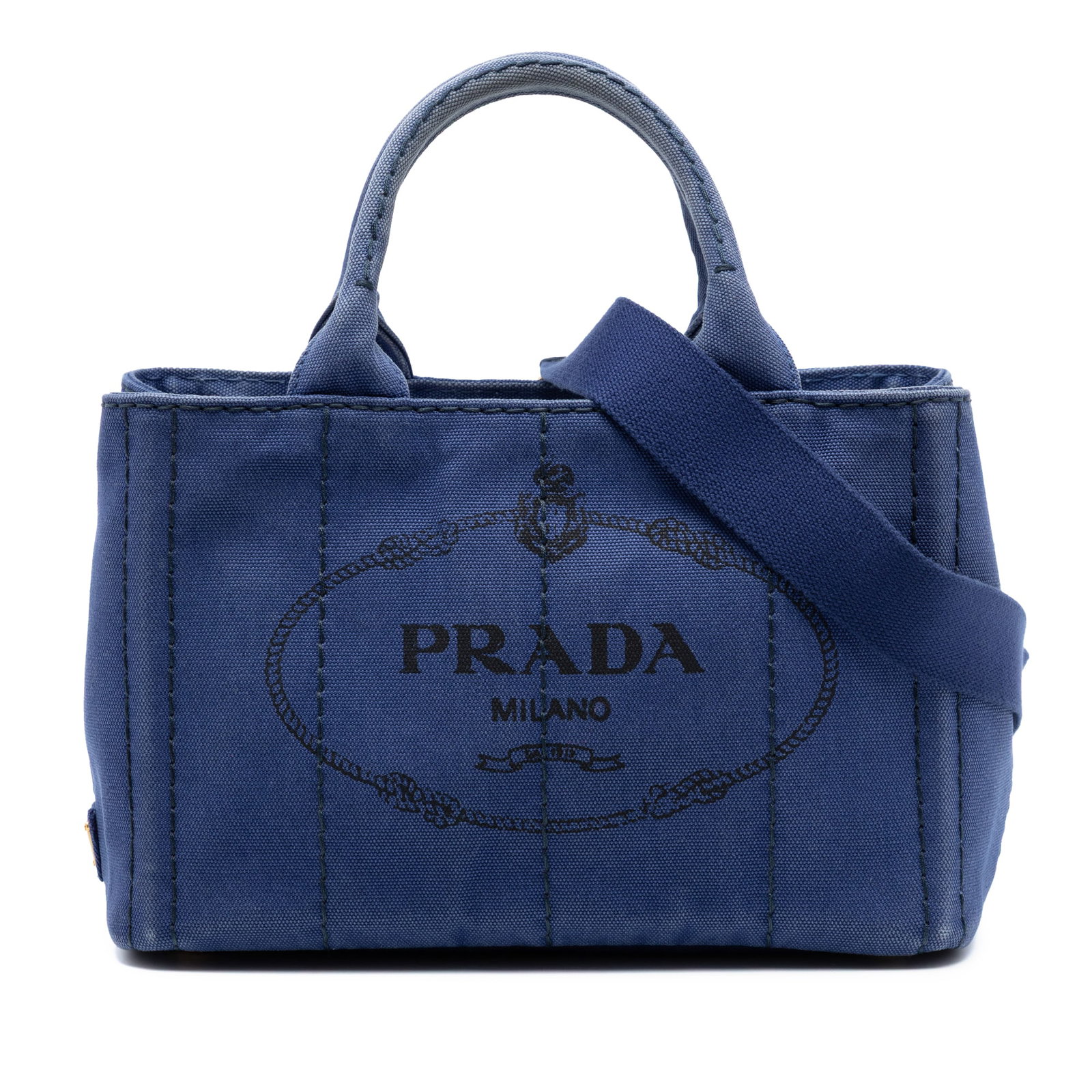 Prada Canapa Small Blue Canvas Satchel with Shoulder Strap: Prada Canapa Small Blue Canvas Satchel with Shoulder Strap Prada Small Canvas Canapa Logo Tote in blue fabric with rolled handles, a detachable and adjustable shoulder strap, an open top, and interior
