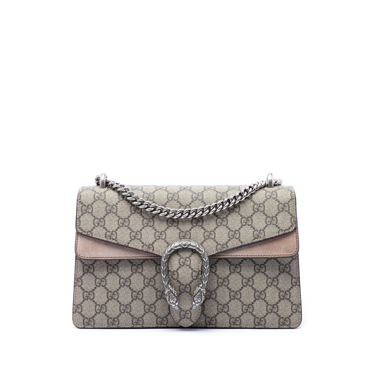 Gucci Dionysus Medium GG Supreme Shoulder Bag Beige: Gucci Dionysus Medium GG Supreme Shoulder Bag Beige Gucci Medium GG Supreme Dionysus shoulder bag with a coated canvas body, suede leather trim, a silver-tone curb chain shoulder strap, a front flap w