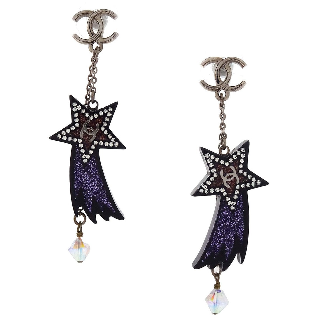 Chanel CC Shooting Star Silver Plated Dangle Earrings 17K: Chanel CC Shooting Star Silver Plated Dangle Earrings 17K Chanel CC shooting star dangle pierced earrings in silver tone with black acrylic accents. This pair features a screw back pierced closure and