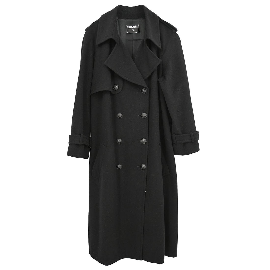 Vintage CHANEL Black Cashmere Long Overcoat for Women: Vintage CHANEL Black Cashmere Long Overcoat for Women Vintage Chanel black long overcoat in 100% cashmere with long sleeves, a regular fit, and logo accents. The coat shows very good overall condition