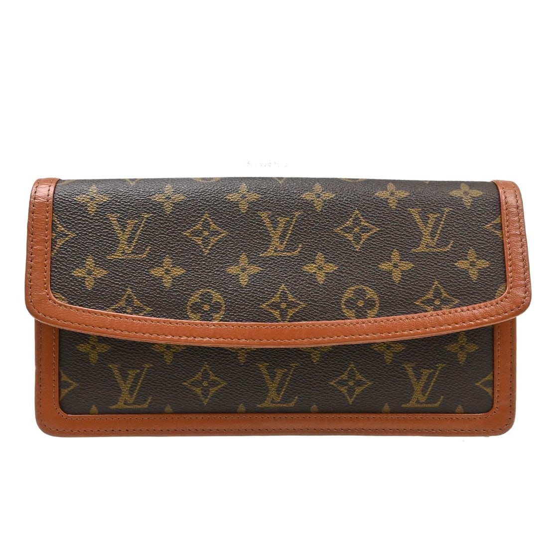 Louis Vuitton Pochette Dame PM Monogram Canvas Clutch M51812: Louis Vuitton Pochette Dame PM Monogram Canvas Clutch M51812 Vintage Louis Vuitton Pochette Dame PM clutch in brown Monogram canvas with leather trim and a push-lock closure. The bag features interior