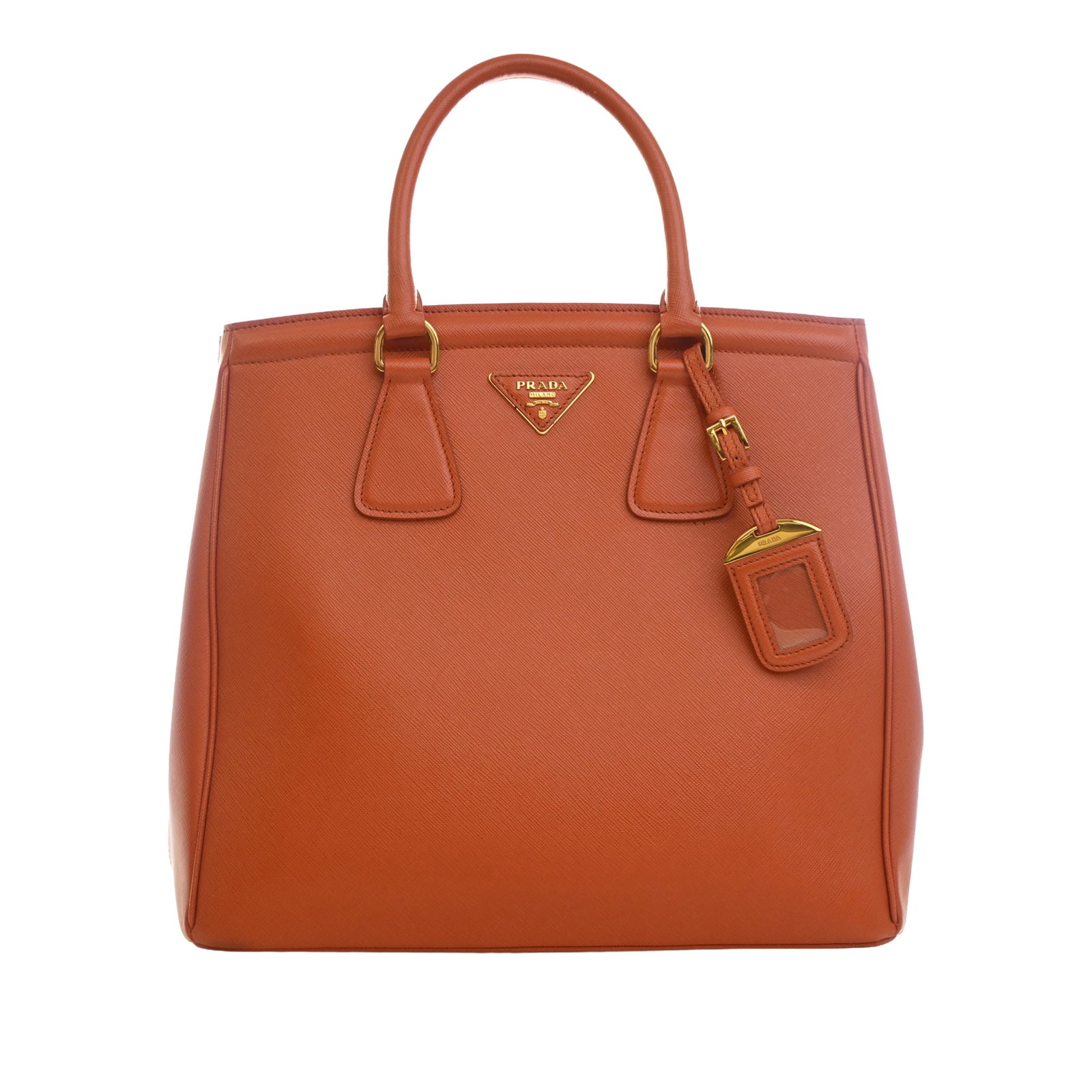 Prada Parabole Tote Saffiano Lux Leather Orange Bag: Prada Parabole Tote Saffiano Lux Leather Orange Bag Prada Saffiano Lux Parabole Tote bag in orange leather, made in Italy. It features a leather body, rolled leather handles, an open top, and interior