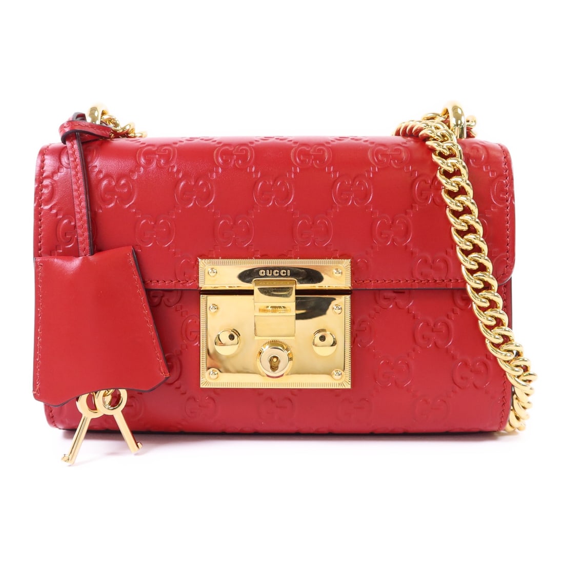 GUCCI Padlock GG Chain Shoulder Bag 409487 Red Calfskin: GUCCI Padlock GG Chain Shoulder Bag 409487 Red Calfskin Gucci GG Padlock chain shoulder bag in red calfskin leather with a structured shoulder bag design. This women's bag includes a flap closure and 