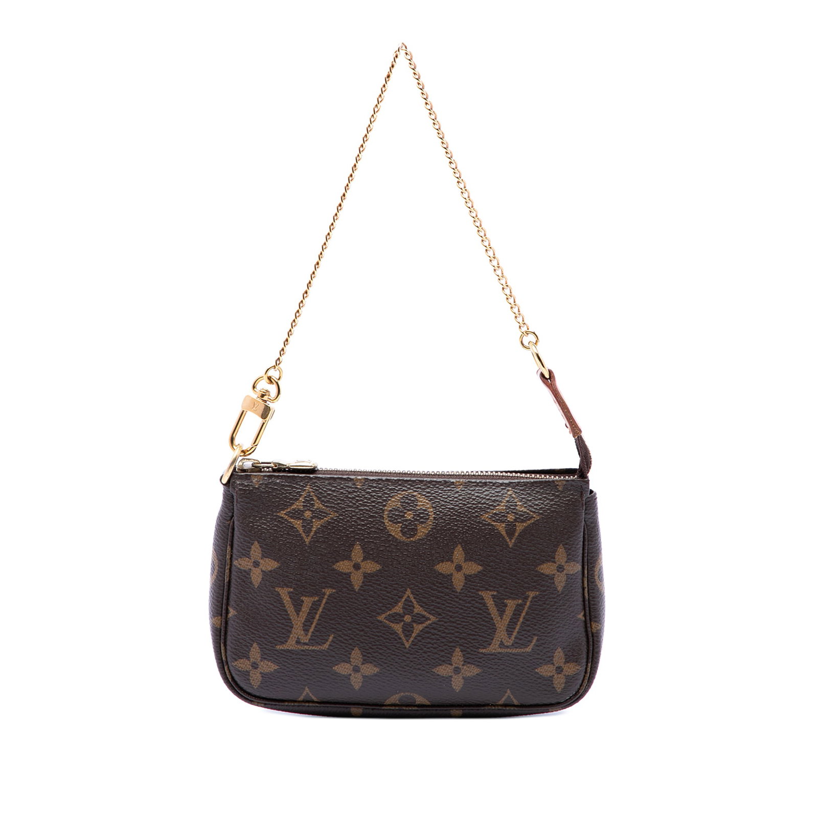 Louis Vuitton Monogram Mini Pochette Bag with Chain Strap: Louis Vuitton Monogram Mini Pochette Bag with Chain Strap Louis Vuitton Monogram Mini Pochette Accessoires in brown monogram canvas with a gold-tone chain strap and top zip closure. Made in France. Co
