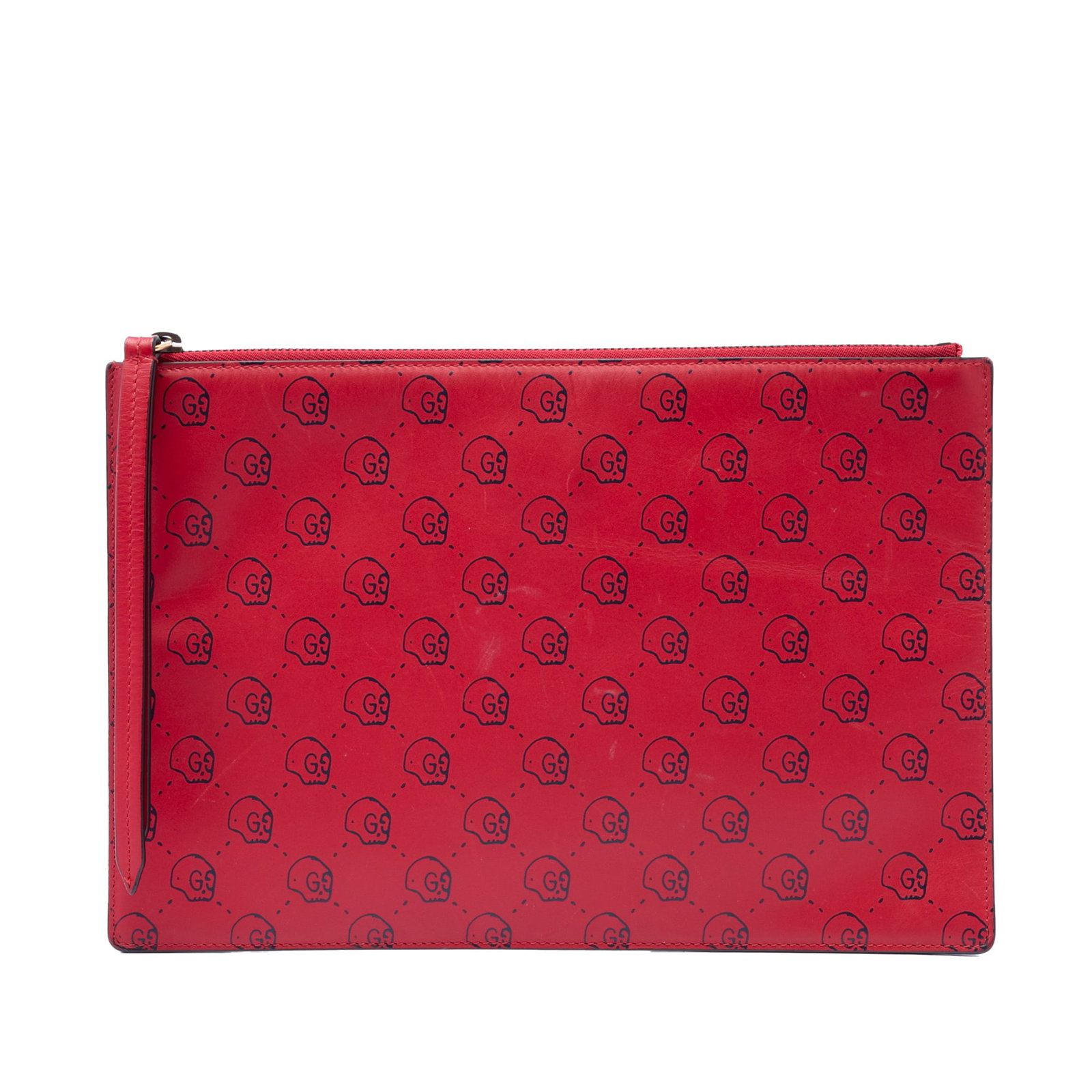 Gucci Ghost Hamlet Skull Calfskin Leather Zip Clutch: Gucci Ghost Hamlet Skull Calfskin Leather Zip Clutch Gucci Calfskin Ghost Hamlet Skull Zip Pouch in red leather with a printed design and top zip closure. Includes dust bag and box. Condition is B+ wi