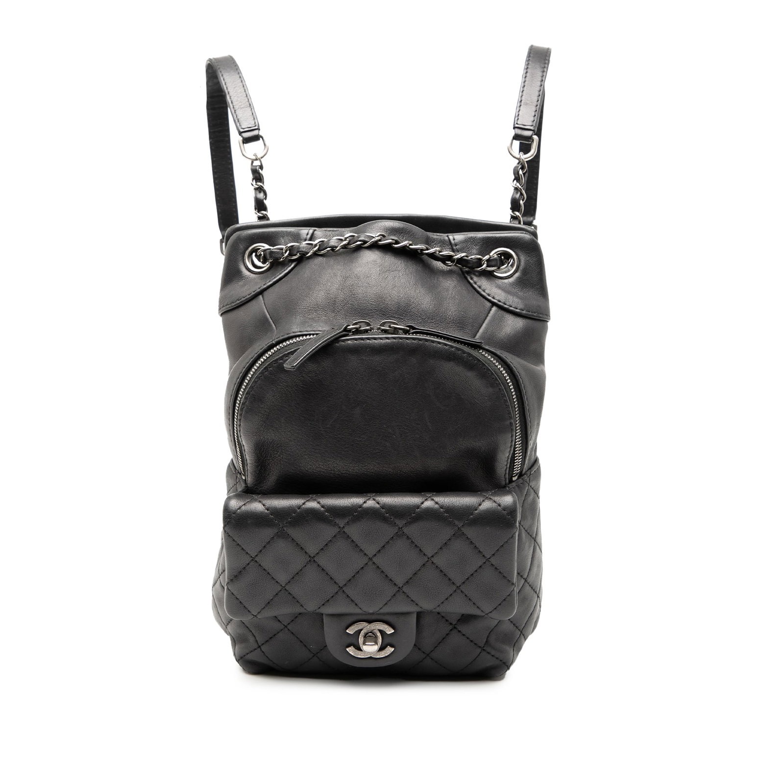 Chanel Small CC Black Calfskin Drawstring Flap Backpack: Chanel Small CC Black Calfskin Drawstring Flap Backpack This Chanel Small CC Calfskin Drawstring Flap Backpack is a stylish accessory crafted from high-quality leather. It features a unique drawstring