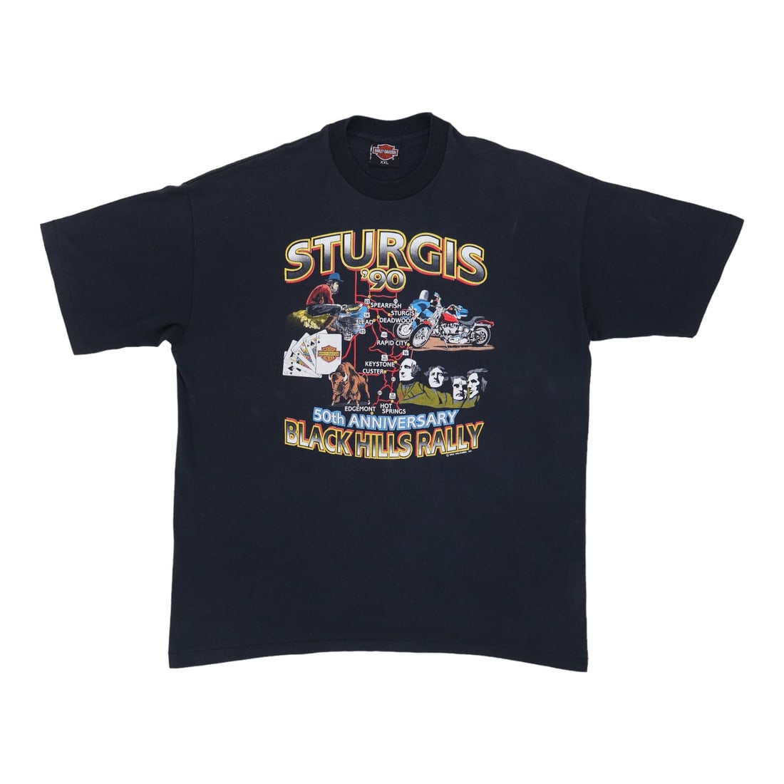 Harley Davidson Sturgis 1990 vintage black cotton T shirt XXL: Harley Davidson Sturgis 1990 vintage black cotton T shirt XXL Authentic vintage 1990 Harley Davidson Sturgis shirt with front and back graphics. This is an original vintage shirt, not a modern reprodu