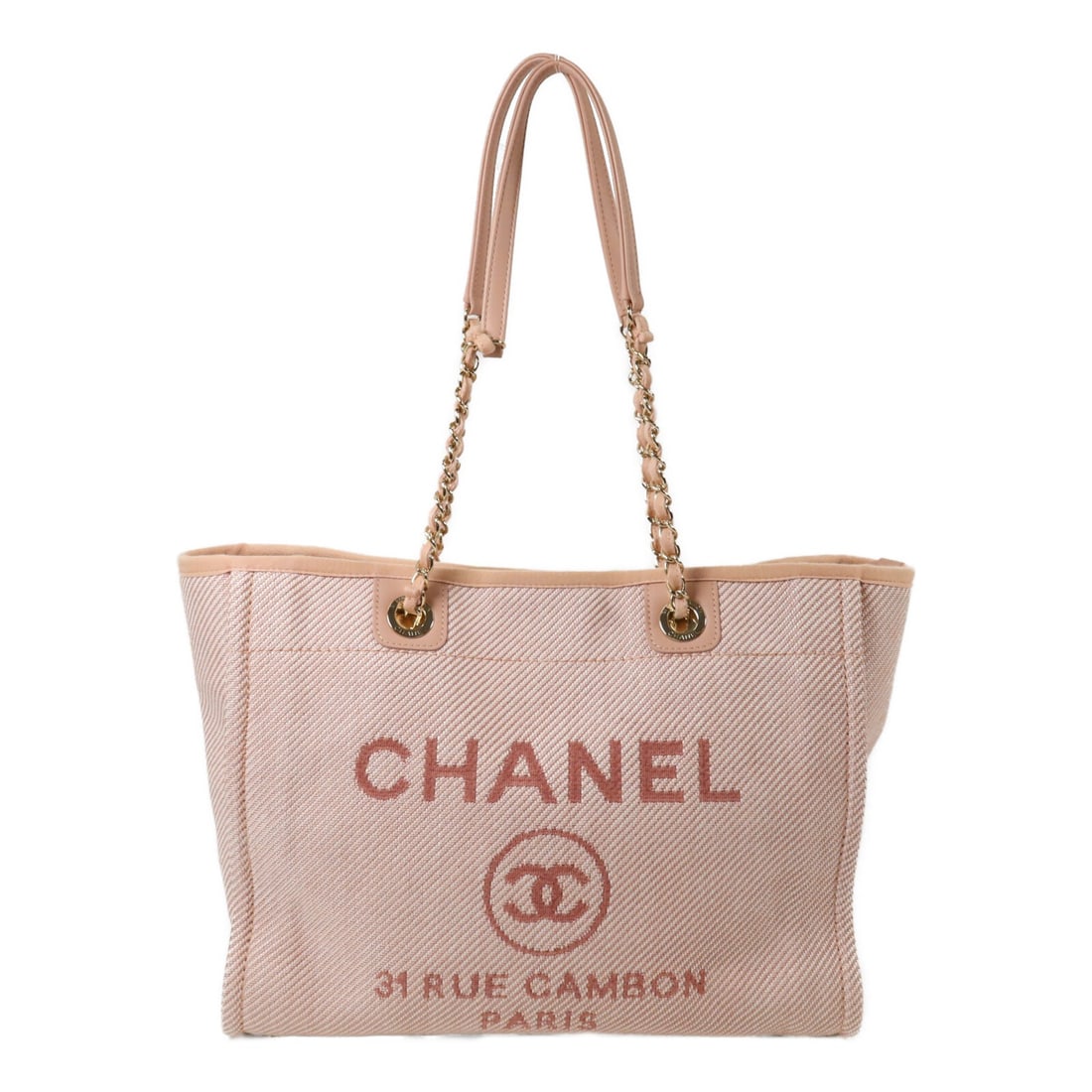 Chanel Deauville Pink Canvas Chain Tote Shoulder Bag: Chanel Deauville Pink Canvas Chain Tote Shoulder Bag Chanel Deauville tote chain shoulder bag in pink canvas with CC GHW styling. This women's shoulder bag is made in France and features a magnetic po