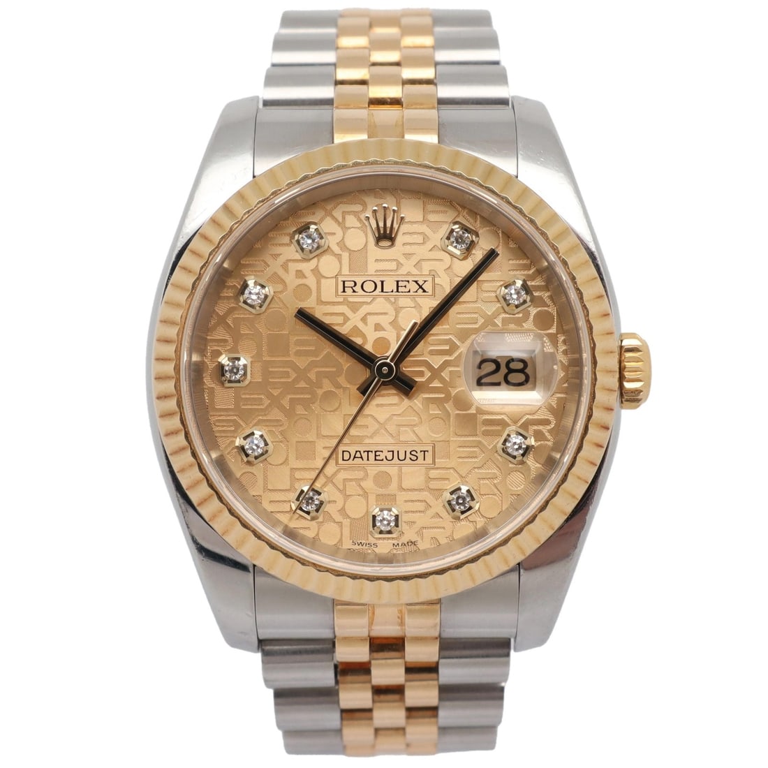 Rolex 116233 Datejust 36 mens two tone watch champagne diamond dial: Rolex 116233 Datejust 36 mens two tone watch champagne diamond dial Rolex Datejust 36 reference 116233 with a champagne Jubilee dial and diamond markers. This men's automatic wristwatch features a two