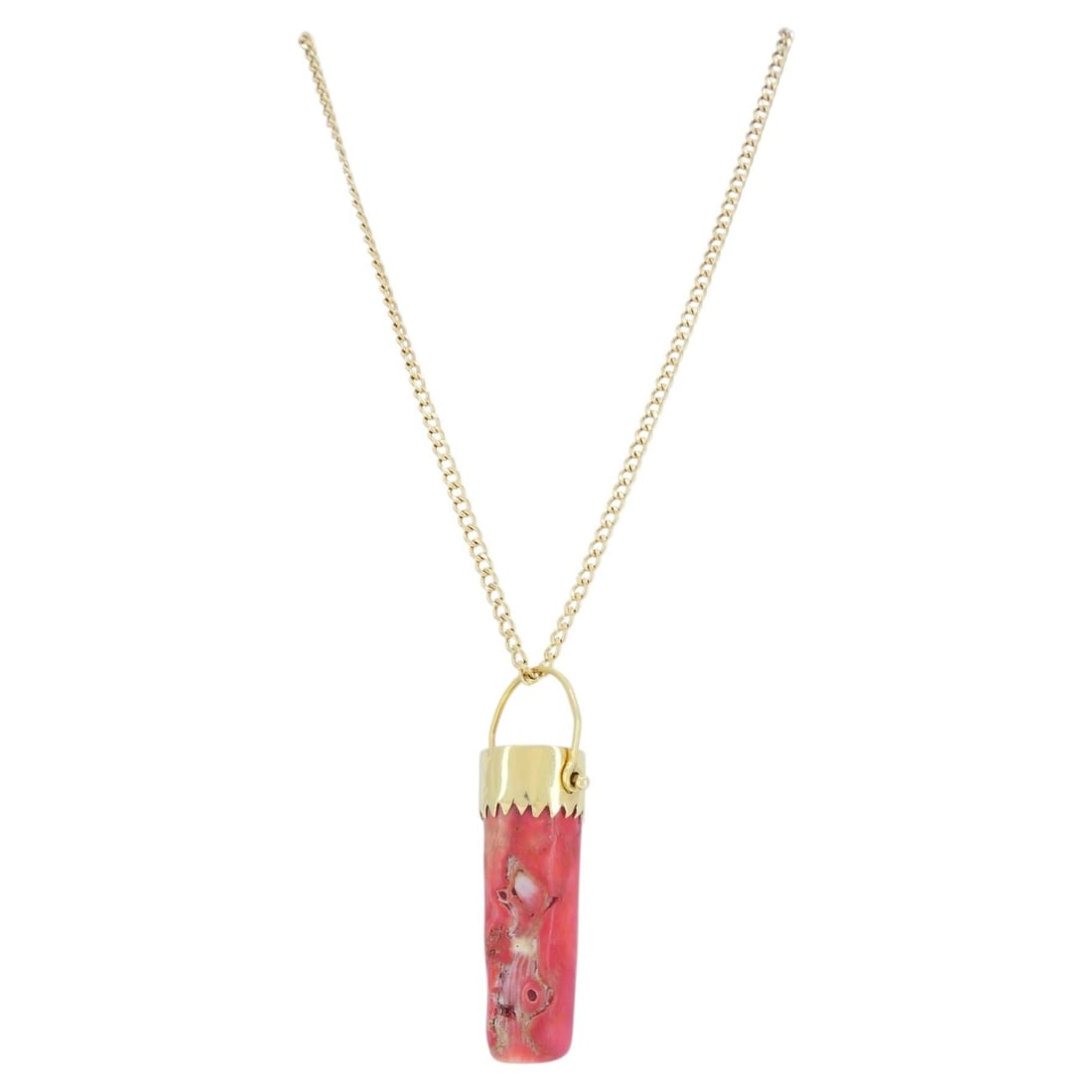 14k Yellow Gold Coral Branch Pendant Necklace 18 In: 14k Yellow Gold Coral Branch Pendant Necklace 18 In Vintage 14k yellow gold pendant necklace featuring an uncut coral branch in a sculptural cap setting. The pendant has a whimsical bucket-inspired de