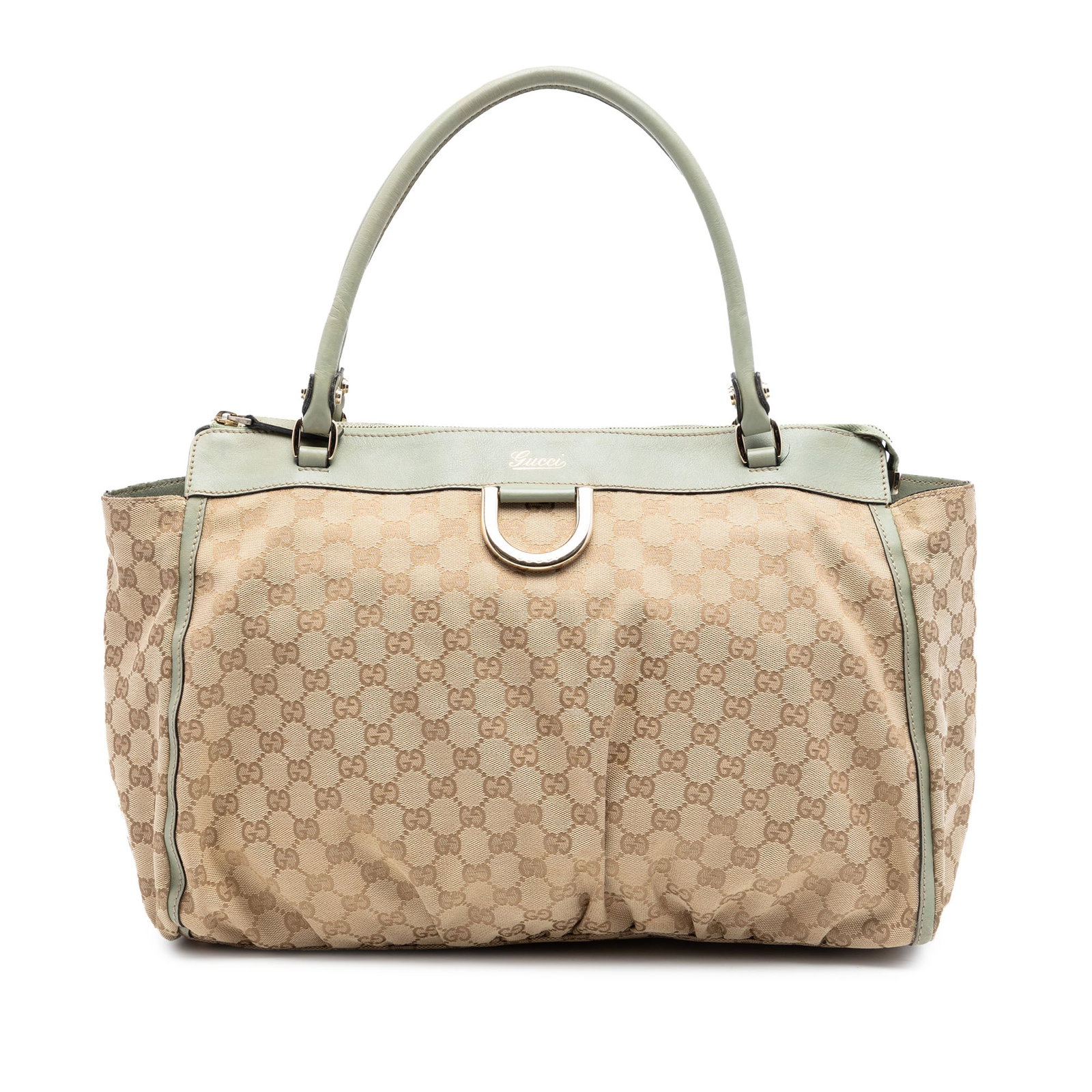 Gucci Abbey D Ring Tote in Beige GG Canvas: Gucci Abbey D Ring Tote in Beige GG Canvas Gucci GG Canvas Abbey D Ring Tote with a canvas body and leather trim. It features rolled leather straps, a top zip closure, and an interior with zip and sli