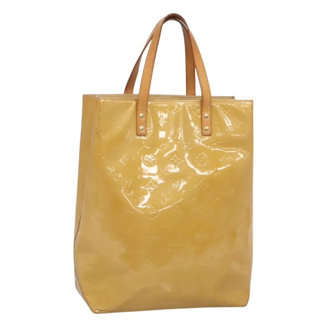 Louis Vuitton Reade Beige Patent Leather Handbag: Louis Vuitton Reade Beige Patent Leather Handbag The Louis Vuitton Reade Handbag in Monogram Vernis features a beige patent leather exterior and is designed for women. This bag shows signs of use incl