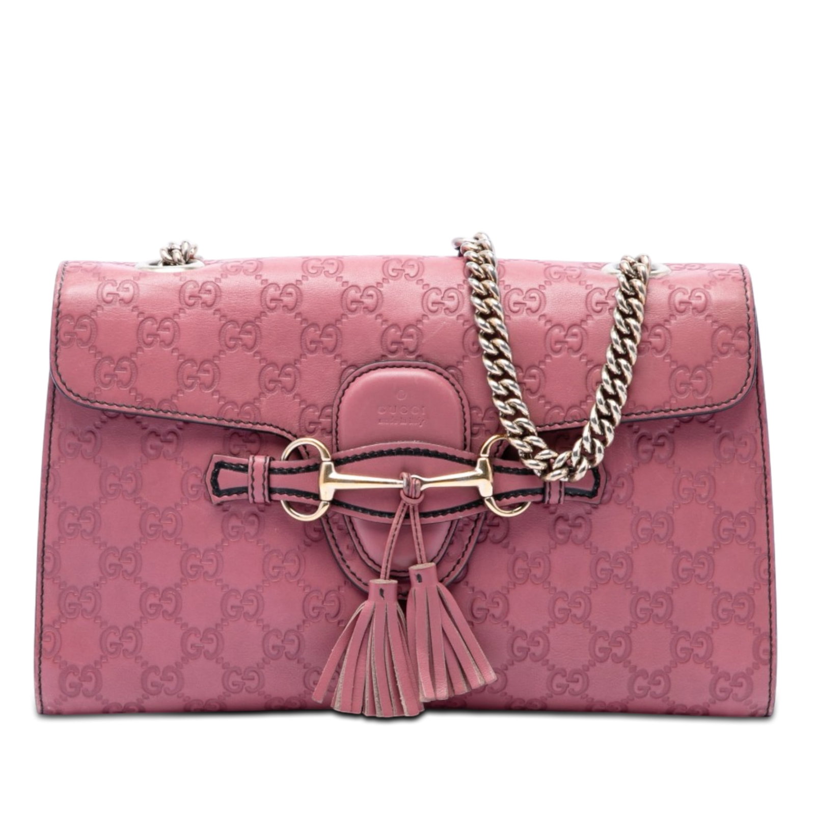 Gucci Emily Medium Shoulder Bag Purple Guccissima Leather: Gucci Emily Medium Shoulder Bag Purple Guccissima Leather Medium Guccissima Emily shoulder bag in purple embossed leather with a chain link shoulder strap and leather guard. The bag features a flap wi