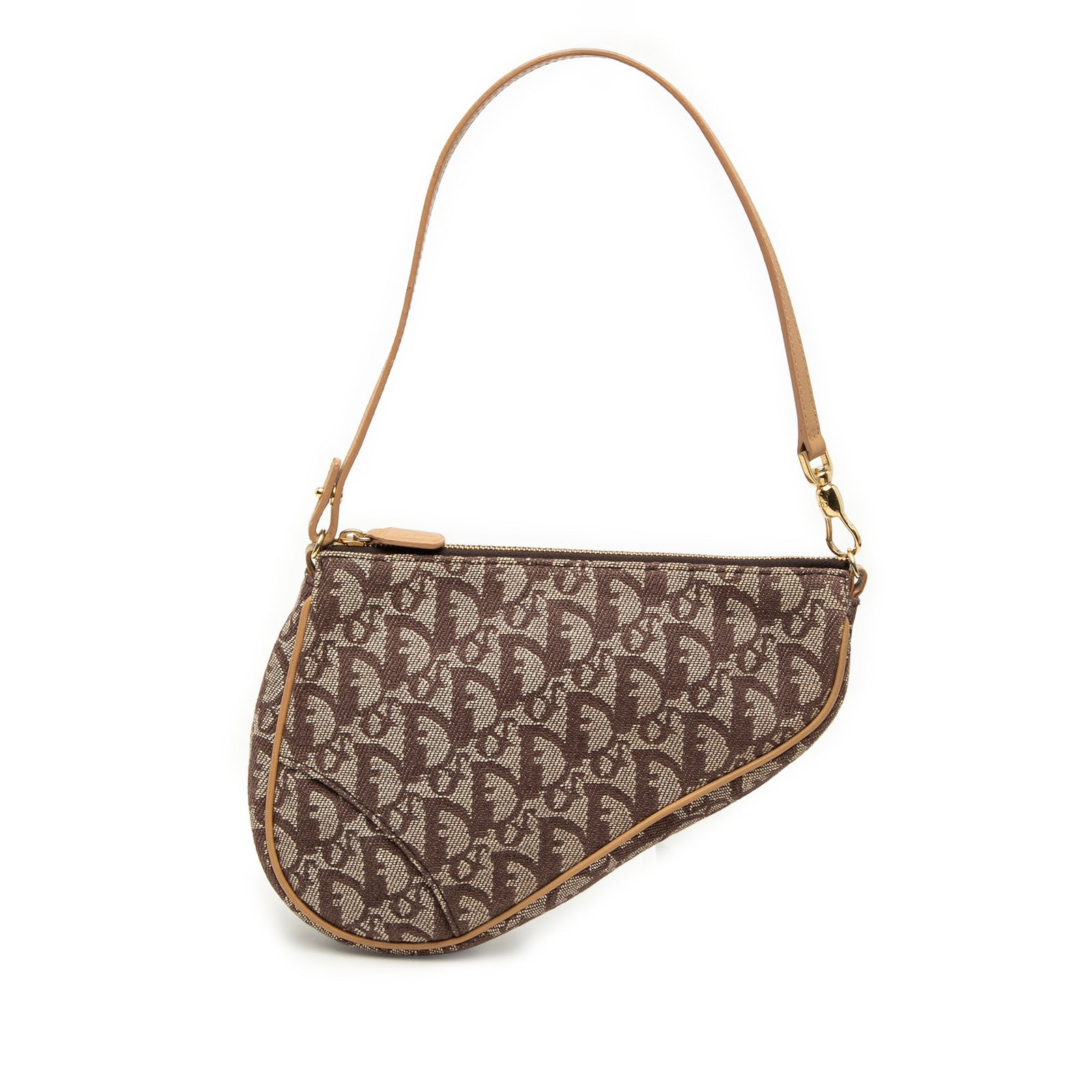 Dior Mini Diorissimo Saddle Pochette in Oblique Canvas: Dior Mini Diorissimo Saddle Pochette in Oblique Canvas Mini Diorissimo Canvas Saddle Pochette with a canvas body, leather trim, a flat leather handle, and a top zip closure. Condition is B+ with noted