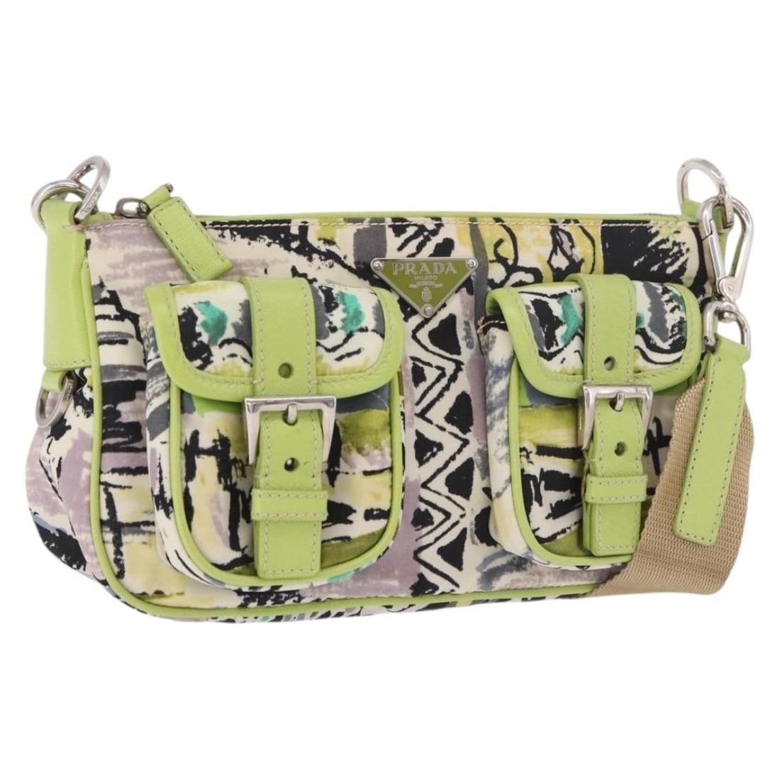 Prada Nylon Shoulder Bag Green Silver with Dust Bag Card: Prada Nylon Shoulder Bag Green Silver with Dust Bag Card Authentic Prada shoulder bag in green and silver nylon with an adjustable shoulder strap. Made in Italy, this women's bag includes a dust bag a