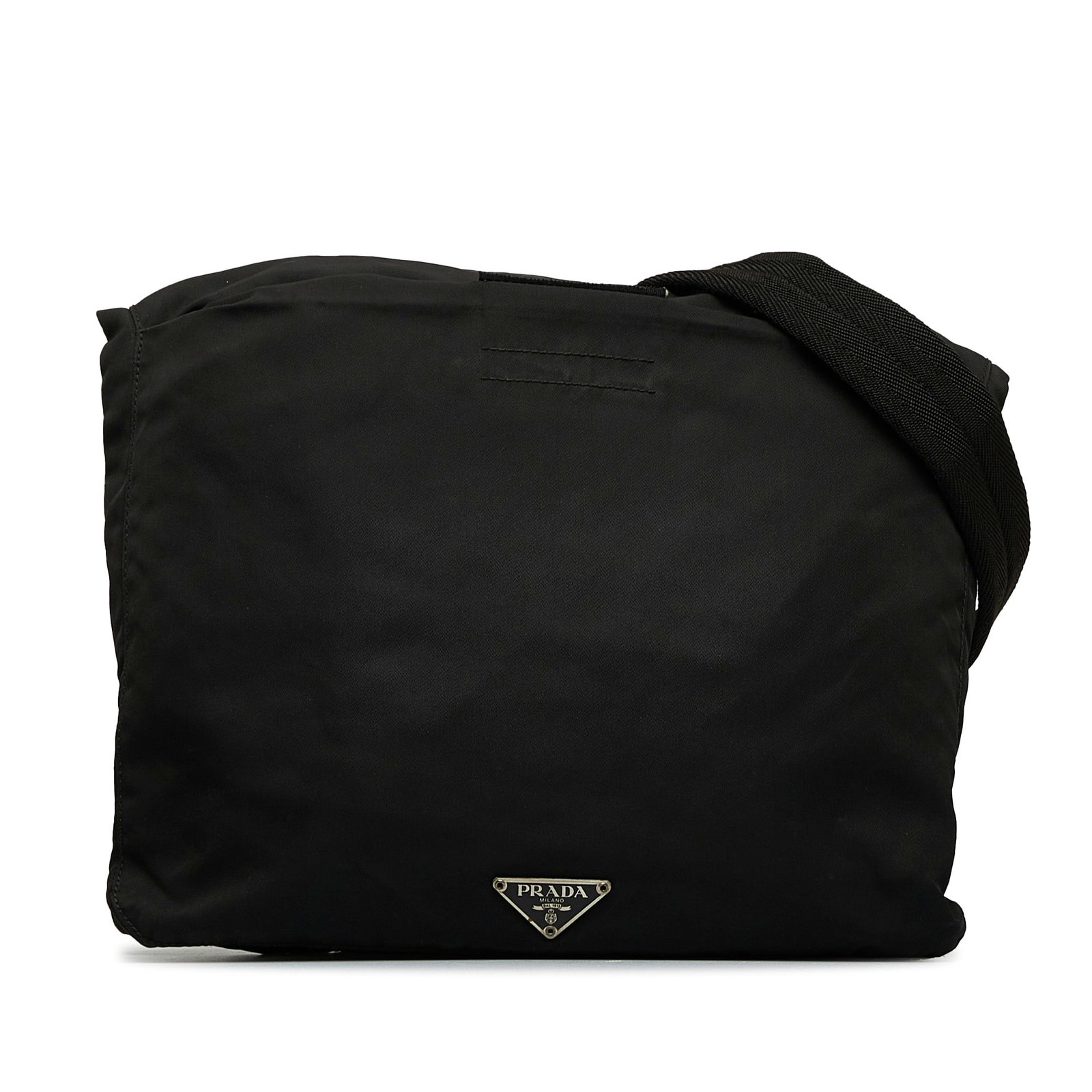 Prada Tessuto Black Nylon Crossbody Messenger Bag: Prada Tessuto Black Nylon Crossbody Messenger Bag This Prada Tessuto Messenger Bag is crafted from durable black nylon fabric and features a flat shoulder strap for comfortable crossbody wear. The bag