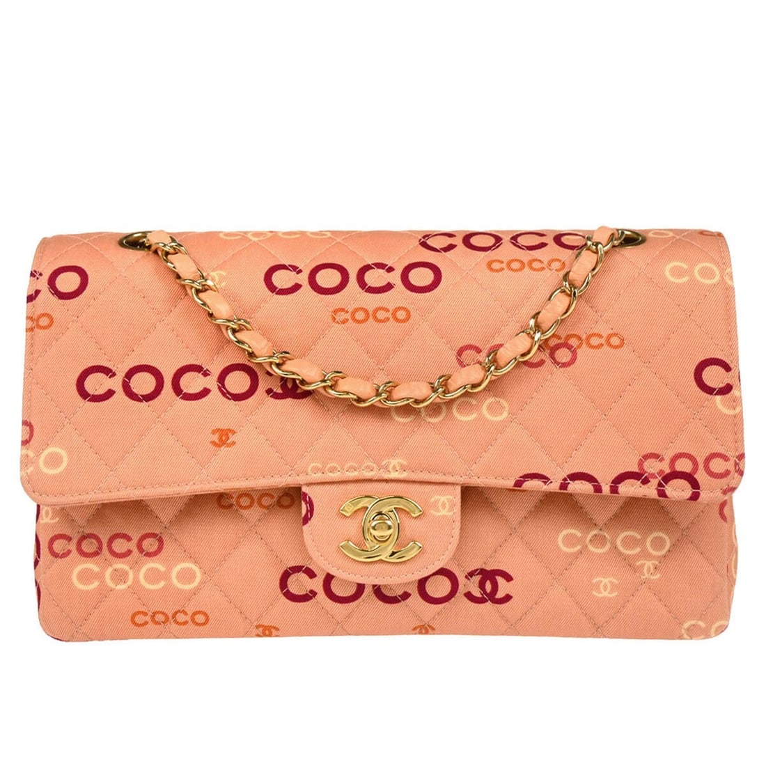 Chanel Classic Double Flap Medium Shoulder Bag Pink Canvas: Chanel Classic Double Flap Medium Shoulder Bag Pink Canvas Medium Chanel Classic Double Flap shoulder bag in pink canvas with a leather lining and turn-lock closure. Made in France, this women's bag f