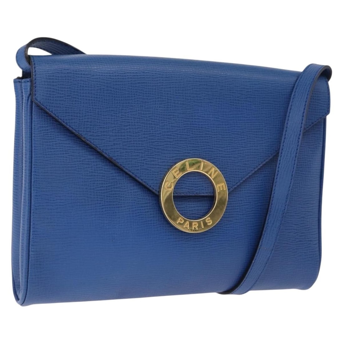 CELINE Circle Leather Shoulder Bag Blue with Gold Tone Hardware: CELINE Circle Leather Shoulder Bag Blue with Gold Tone Hardware Authentic CELINE circle shoulder bag in blue leather with gold-tone accents. This women's shoulder bag includes a dust bag and is made i
