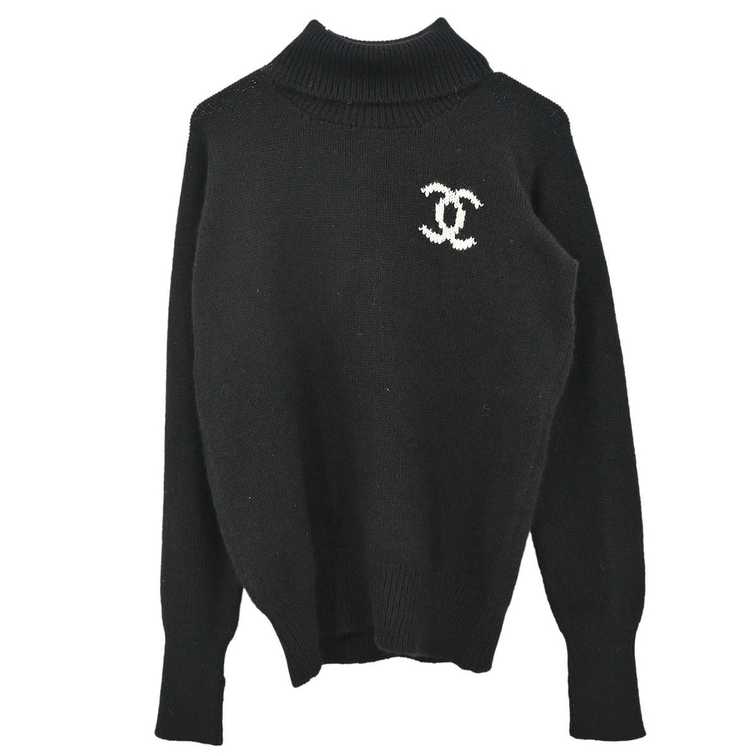 CHANEL cashmere pullover sweater black high neck women size 44: CHANEL cashmere pullover sweater black high neck women size 44 Chanel black cashmere turtleneck sweater top in a regular fit, styled as a pullover with long sleeves and a high neck. It is listed in ve