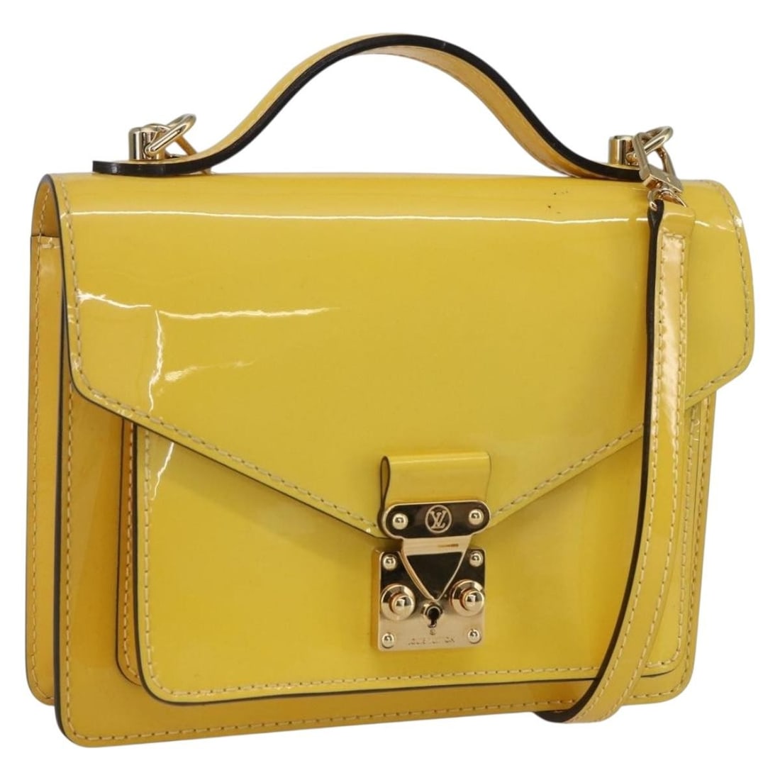Yellow patent leather handbag Louis Vuitton Monceau France: Yellow patent leather handbag Louis Vuitton Monceau France This Louis Vuitton Monceau handbag for women features a yellow patent leather exterior with a compact silhouette. It shows signs of gentle us