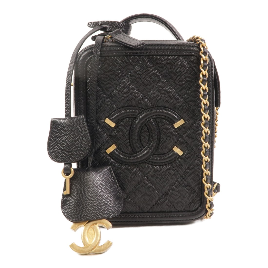 Black Calfskin 2 Way Chain Vanity Shoulder Bag CHANEL CC GHW: Black Calfskin 2 Way Chain Vanity Shoulder Bag CHANEL CC GHW A CHANEL North South Vanity 2 Way Chain Shoulder Bag in black calfskin leather. The bag features gold-tone hardware and comes with a cloche