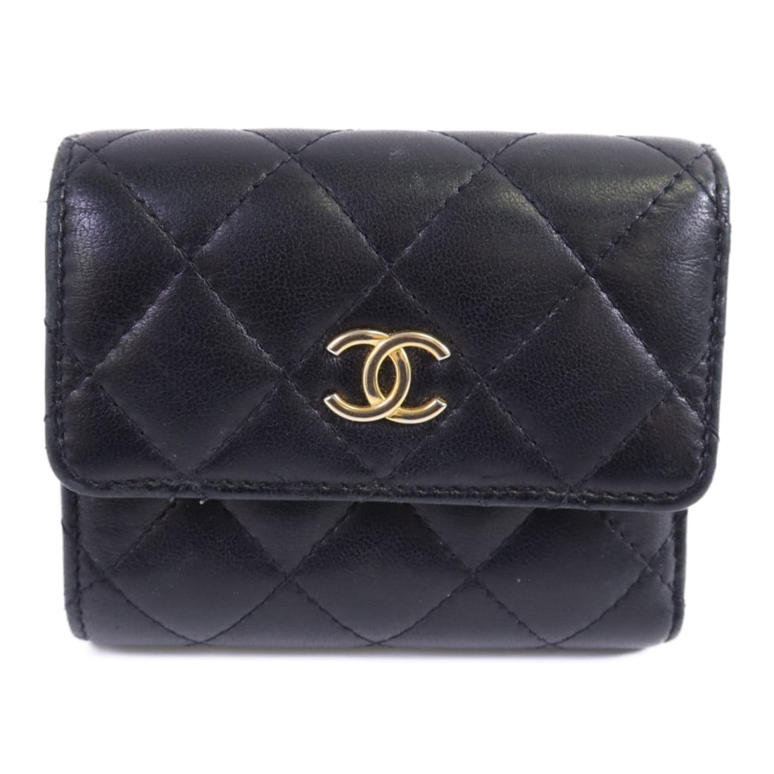 CHANEL CC Tri Fold Wallet Black Lambskin Leather: CHANEL CC Tri Fold Wallet Black Lambskin Leather A CHANEL tri-fold short wallet in black lambskin (sheep leather) with CC and gold hardware. Designed for women, it features a hook button closure and a