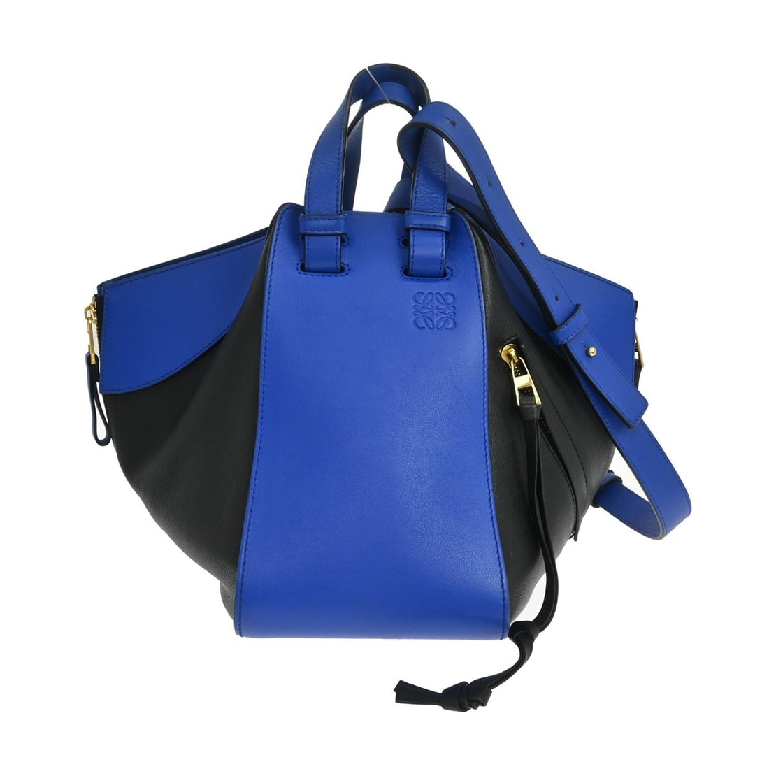 Loewe Hammock Small Blue Leather Shoulder Bag with Strap: Loewe Hammock Small Blue Leather Shoulder Bag with Strap Vintage Loewe Hammock small shoulder bag in blue leather with black accents. This women's bag features inner pockets and a leather shoulder str
