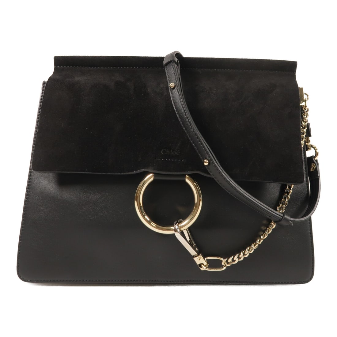 Chloe Faye 2way Shoulder Bag Black Suede Calfskin Leather: Chloe Faye 2way Shoulder Bag Black Suede Calfskin Leather Chloe Faye 2way shoulder bag in black suede and calfskin leather. It features a magnetic pocket, one open interior pocket, one interior zip po