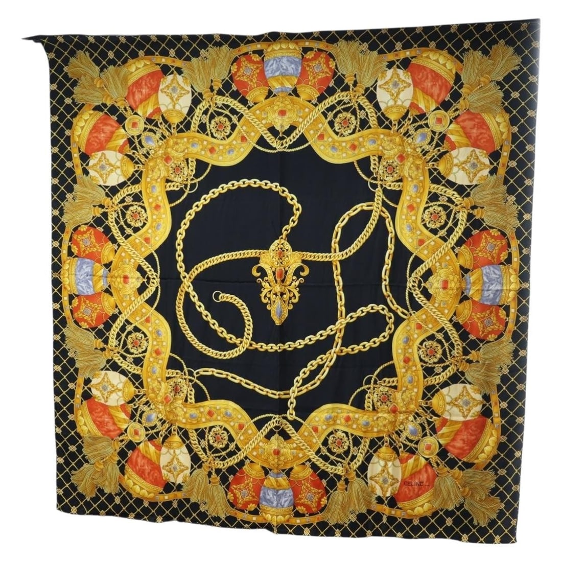 CELINE silk scarf large jewelry pattern black yellow Italy (1 of 14)