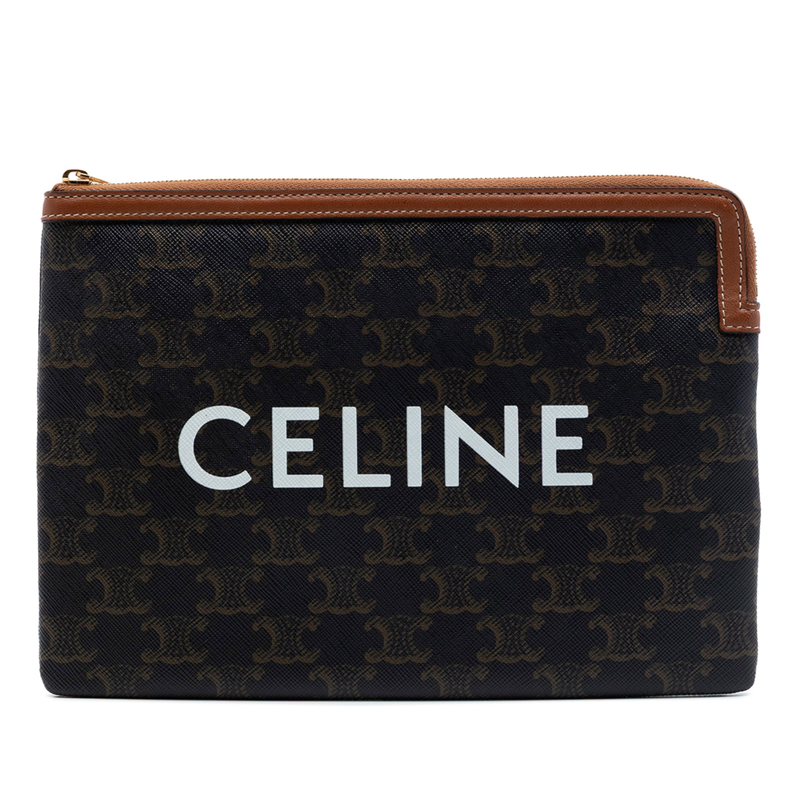 Celine Small Triomphe Clutch in Brown Coated Canvas: Celine Small Triomphe Clutch in Brown Coated Canvas Celine Small Triomphe Coated Canvas Clutch in brown, made in Italy. This clutch bag features a coated canvas body with leather trim and a top zip cl