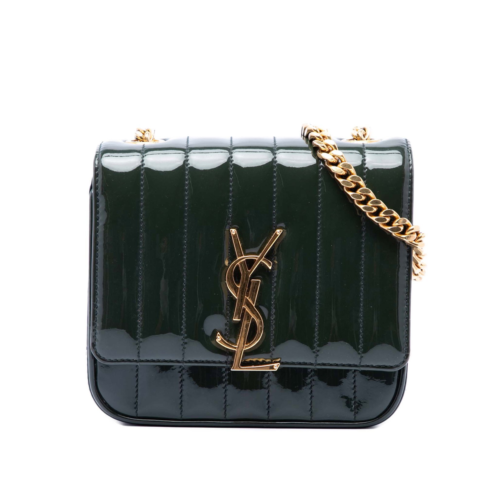 Saint Laurent Vicky Small Patent Leather Chain Crossbody Bag: Saint Laurent Vicky Small Patent Leather Chain Crossbody Bag Saint Laurent Small Patent Monogram Vicky Chain Bag in green quilted patent leather. This crossbody style features a chain link strap with 