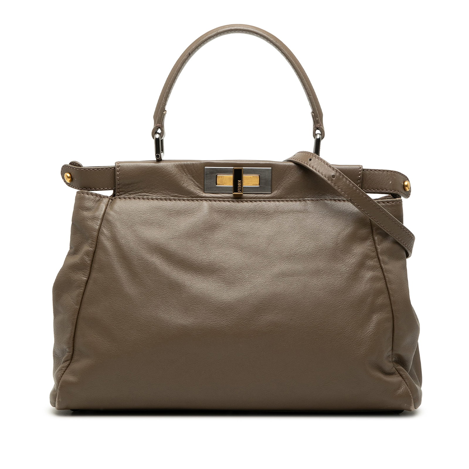 Fendi Peekaboo Iconic Medium Calfskin Leather Satchel Brown: Fendi Peekaboo Iconic Medium Calfskin Leather Satchel Brown Fendi Medium Peekaboo Iconic satchel in brown calfskin leather with a structured silhouette, flat top handle, and detachable flat shoulder s