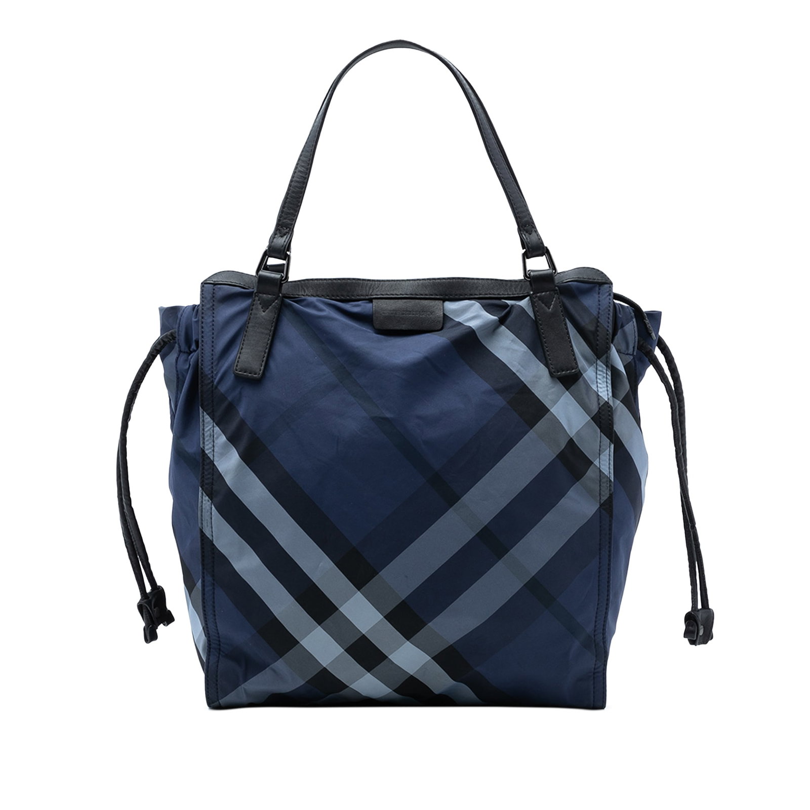 Burberry Buckleigh blue nylon tote with leather trim: Burberry Buckleigh blue nylon tote with leather trim This Burberry Supernova Check Nylon Buckleigh Tote features a printed nylon body with leather trim, flat leather straps, a top zip and drawstring c