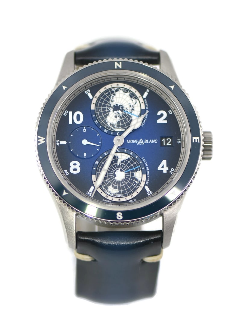 Montblanc 1858 Geosphere Titanium Watch 42mm Ref 125565 Blue Leather: Montblanc 1858 Geosphere Titanium Watch 42mm Ref 125565 Blue Leather Discover the Montblanc 1858 Geosphere Titanium Watch, a stunning example of precision craftsmanship. This wristwatch features a str