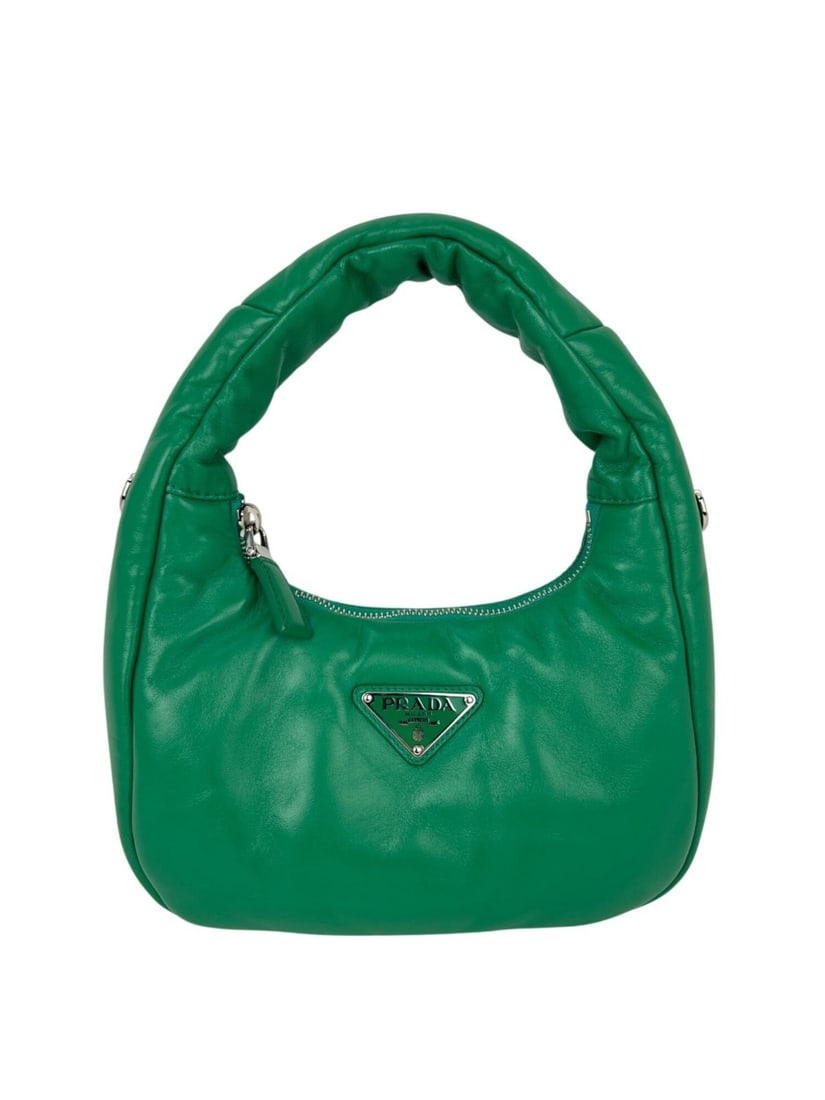 PRADA Mini Padded Green Nappa Leather Crescent Shoulder Bag: PRADA Mini Padded Green Nappa Leather Crescent Shoulder Bag A pre-owned Prada mini padded shoulder bag in green soft nappa leather with a crescent shape and glazed finish. It features a zip closure, b