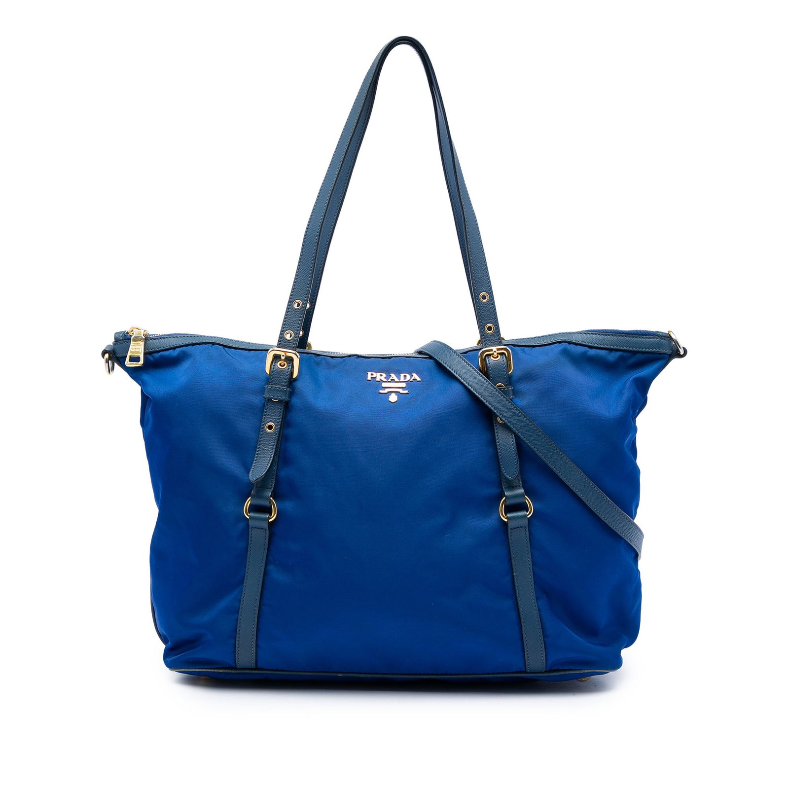 Prada Tessuto Convertible Tote Blue Nylon with Saffiano Leather Trim: Prada Tessuto Convertible Tote Blue Nylon with Saffiano Leather Trim Convertible Prada tote crafted with a nylon body and saffiano leather trim. It features flat leather handles, a detachable and adju