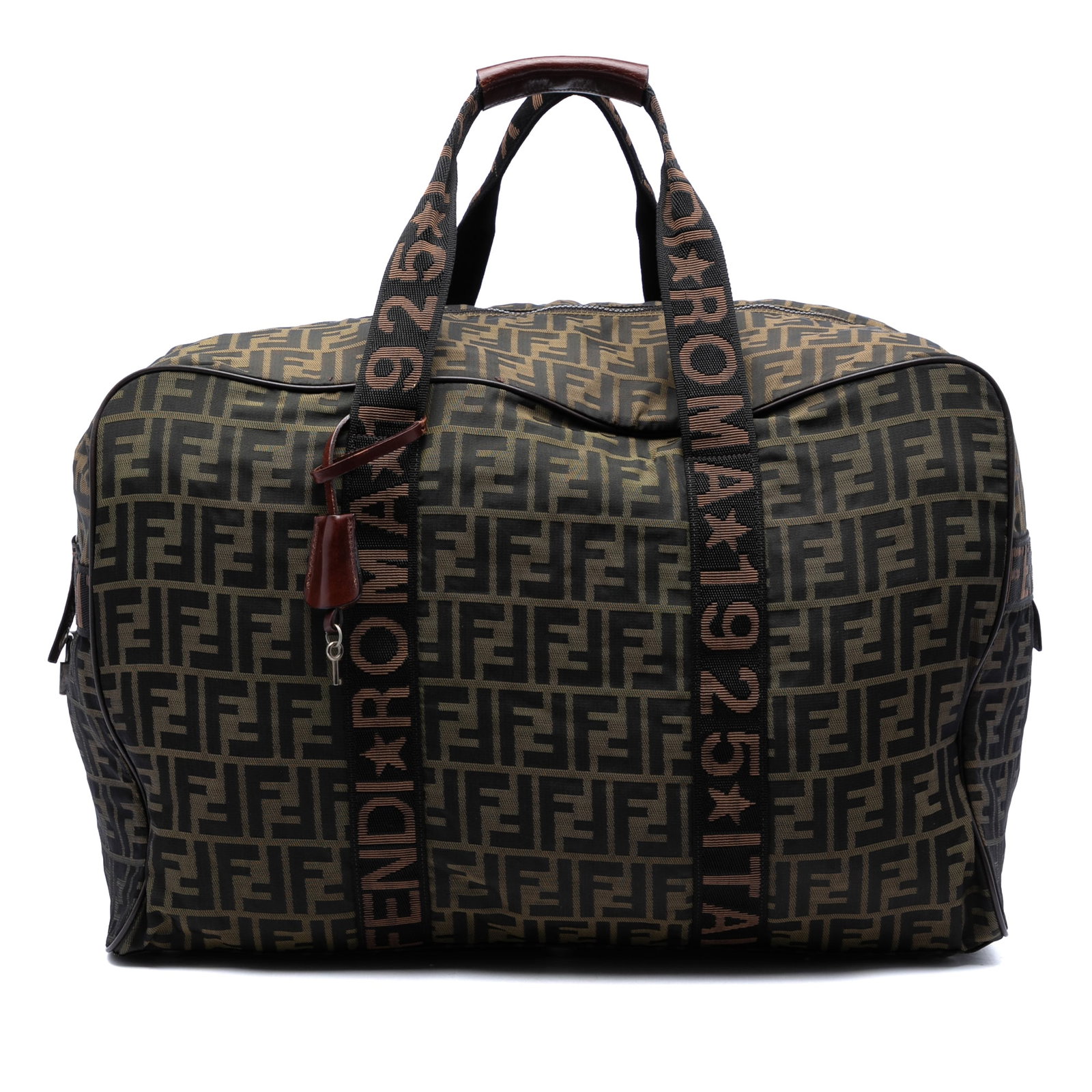 Fendi Zucca Roma 1925 Canvas Travel Bag Brown: Fendi Zucca Roma 1925 Canvas Travel Bag Brown A Fendi Zucca Canvas Roma 1925 Travel Bag made in Italy. It features a canvas body with leather trim, flat top handles, and a top zip closure. The bag is 